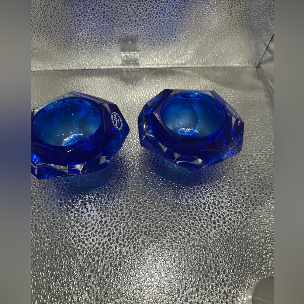 Royal Gallery Italy Blue Crystal Candle Holders 4” - Picture 4 of 13